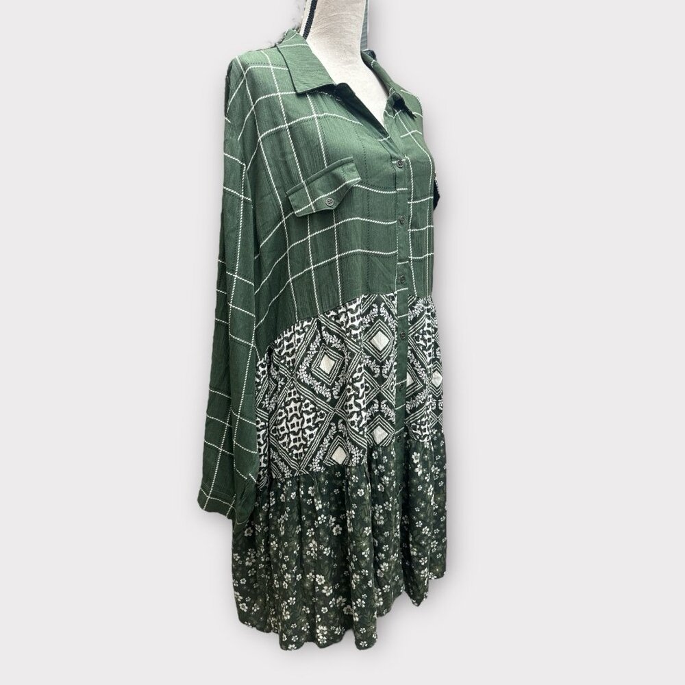 Truself Womans Dress Tunic 2X Boho Mixed Print‎ Button-Down Green Multi-Pattern - Picture 3 of 10